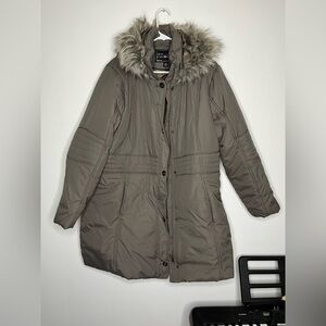 JCPenney Taupe Puffer Coat with Faux Fur Hood